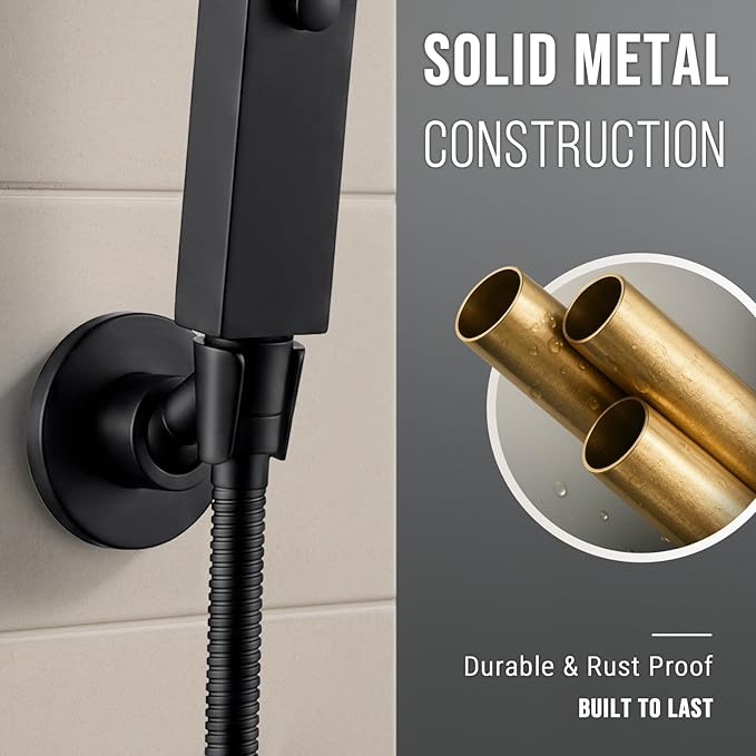 G-Promise All Metal Handheld Shower Head Holder, Adjustable Wall Mount Shower Wand Bracket, Strong Adhesive Disc Mount or Drill Installation (Round, Matte Black)