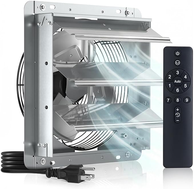 Amico 12 Inch Shutter Exhaust Fan with Remote,Energy Efficient &Quiet 25W DC Motor 1200 CFM Wall Mount Ventilation Fan for Garage,Greenhouse,Attic&Chicken Coop,9-Speed Adjustable,Plug In,Timer,FCC