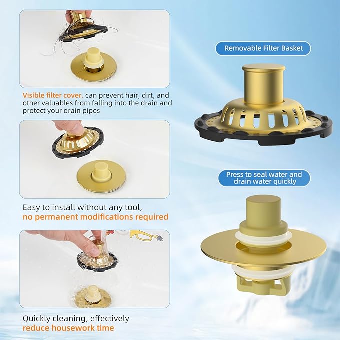 2PACK Universal Bathtub Drain Stopper Shower Hair Catcher Bathroom Sink Strainer, Tub Stopper with Visible Top Strainer, Brass Metal 3 in 1 Pop-up Stopper for Standard 1.1''~2.36'' Hole, Brushed Gold