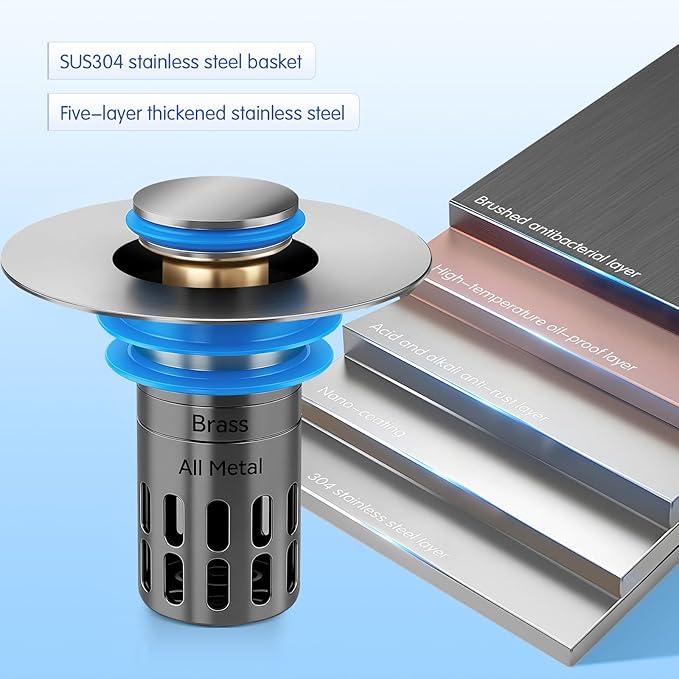 (All Metallic) Bathroom Sink Plug, Pop-up Drain for Bathroom Sink, Sink Plug Hair Collector, Silent Popper Core with Removable Stainless Steel Filter Basket (Brushed Nickel, 1 Pack)