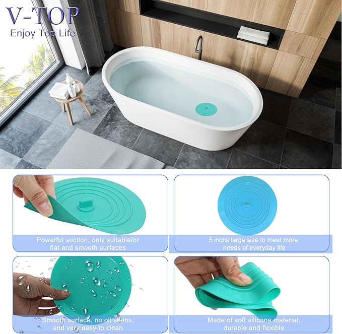 Bathtub Drain Stopper 2 Pack, 5 inches Silicone Tub Stopper Drain Cover, Bath Tub Plug Hair Stopper,Universal Flat Suction Hair Water Shower Stopper Bath Accessories (Blue&Green)