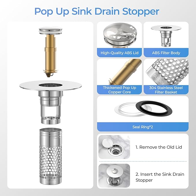 2 Pack Pop Up Bathroom Sink Drain Stoppers, Removable Sink Drain Strainer Stopper Hair Catcher with Stainless Steel Anti-Clog Filter Basket for Sinks and Drains 1.06-1.5 Inch