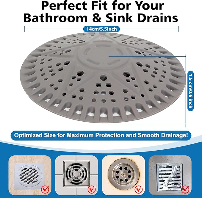 ZOOY Shower Drain Hair Catcher, 2 Pack 5.5 Inch Silicone Drain Cover (New Grey)