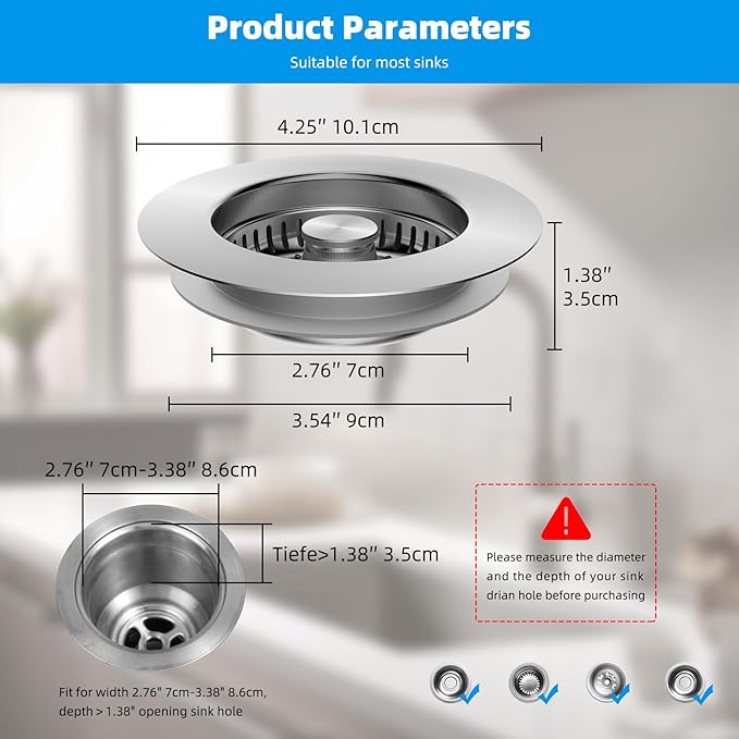 Hibbent All Metal Stainless Steel 3 in 1 Kitchen Sink Drain Strainer and Stopper Combo, Upgraded Sink Stopper, Anti-Clogging Stainless Steel Basket Strainer with Handle for US Standard 3-1/2" Drain