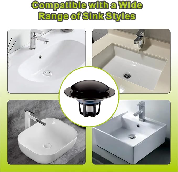 Pop Up Bathroom Sink Stopper,2 Pack Matte Black Sink Drain Stopper with Hair Catcher and Strainer,Glimflorus Universal 2-in-1 Drain Stopper for 1 1/8"-1 1/2" Drain Holes