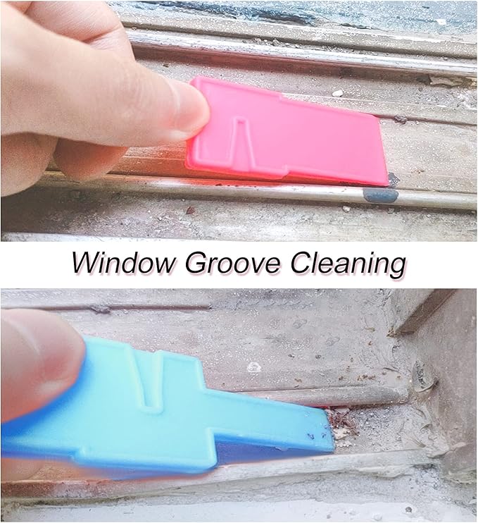 Multifunctional Glass& Window Track Cleaning Tools, Soft Frosted Glass Window Washer Cloth Brush with Study PVA Handle and Scraper, Window Cleaner Tool for Windows, Doors, Tiles (Cute Pink)
