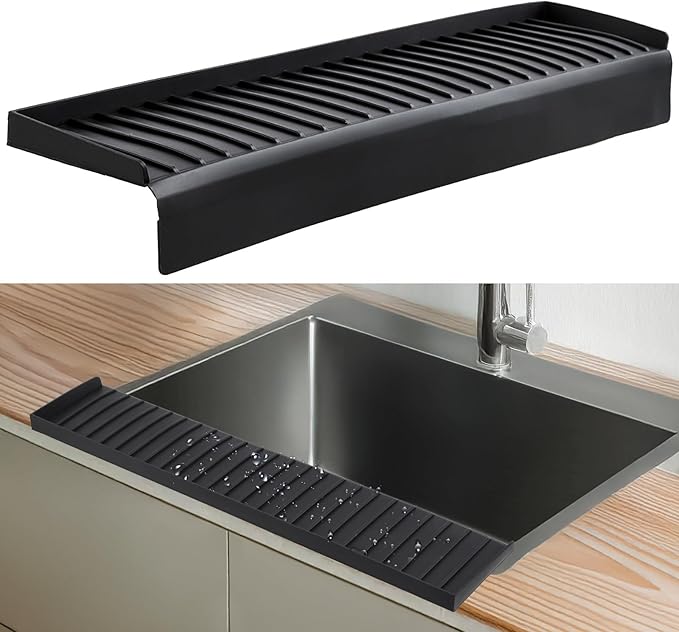 Sink Edge Protector with Suction Cup 4"x30", Silicone Sink Splash Guard for Kitchen & Bathroom, Protect Countertop from Scratches, Stains, for Stainless Steel Granite Quartz-Black