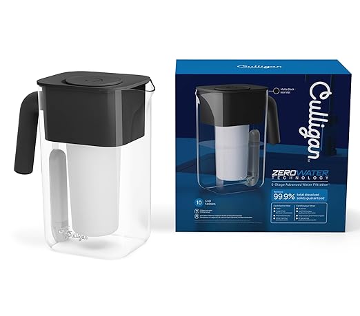 Culligan with ZeroWater Technology 10-Cup Water Filter Pitcher – Includes 5-Stage Advanced Water Filter, IAPMO Certified to Reduce Lead, Total PFAS, Mercury, Fluoride, and Chlorine - Matte Black