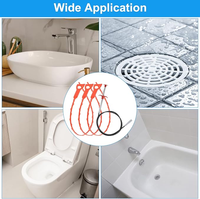 uxcell 3pcs 20 Inch Drain Hair Clog Remover Tool PP & 80 Inch Drain Cleaner Tool Sticks Stainless Steel Sewer Cleaning Hook Unclog Sink Unclogger for Toilet Bathtub Sewer, Orange