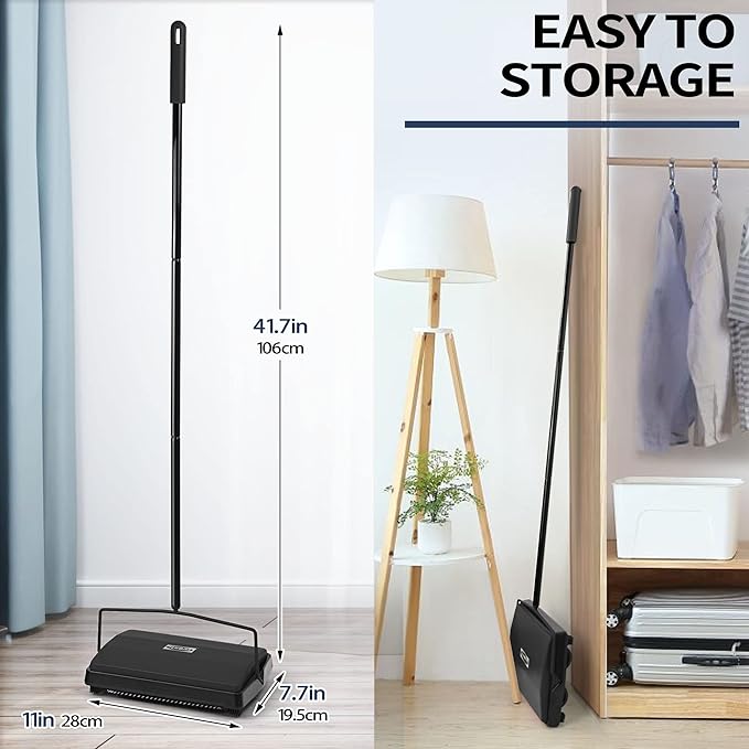 JEHONN Carpet Floor Sweeper Manual with Horsehair, Non Electric Quite Rug Roller Brush Push for Cleaning Pet Hair, Loose Debris, Lint (Black)