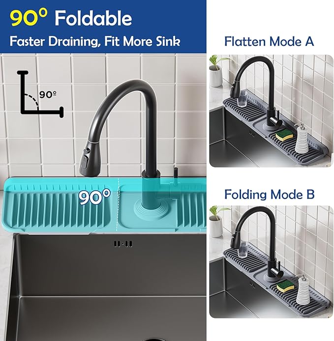 24"Longer Silicone Faucet Mat For Kitchen Sink Splash Guard -7° Slope Snap Lock- Sink Faucet Mat Splash Guard Kitchen Sink Area Silicone Sink Water Splash Guard Behind Faucet (Gray, 24"x5.5")