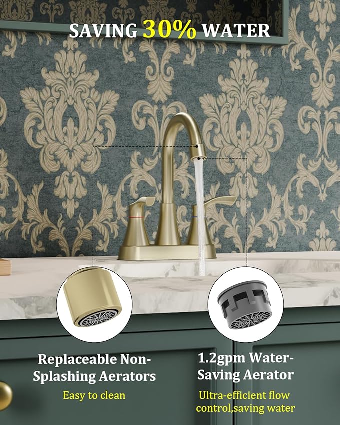 Brushed Gold Bathroom Faucet 2 or 3 Hole, 4 Inch Stainless Steel Bathroom Sink Faucet, 2 Handle Centerset Faucet for Bathroom Sink Vanity, with Pop Up Drain and 2 Supply Hoses
