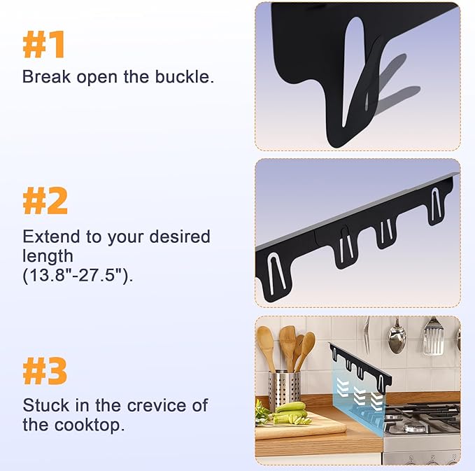 Stove Gap Covers Stainless Steel, Retractable Stove & Counter Gap Filler (13.8''–27.5''), Width 1'', Heat Resistant Metal Guard Between Stove and Countertop, Black