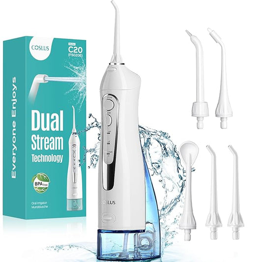 COSLUS Water Dental Flosser Teeth Pick C20(F5020E): Portable Cordless Oral Irrigator 300ML Rechargeable Travel Irrigation Cleaner IPX7 Waterproof Electric Flossing Machine for Teeth Cleaning, White
