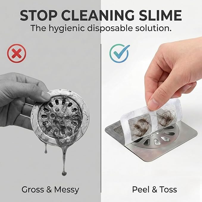 100 Pack Square Disposable Shower Drain Hair Catcher Stickers - Waterproof Drain Covers for Bathroom Floor, Sink & Bathtub, Easy-Peel Drain Hair Trap for Clog Prevention & Hygiene