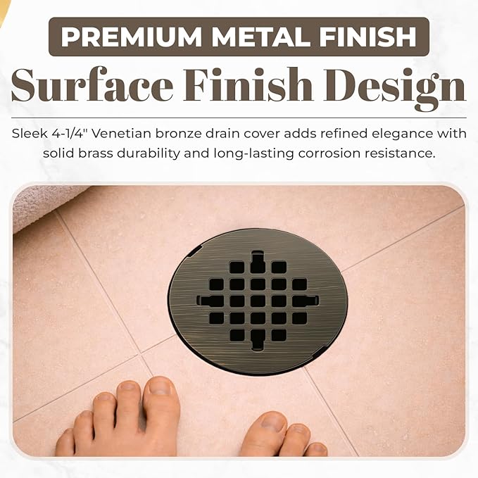 4 ¼” Venetian Bronze Snap-in Shower Drain Cover - Solid Brass Construction - 4.25" OD Drain Strainer - Easy Install - Premium Round Cover - Oil Rubbed Bronze Replacement Grate