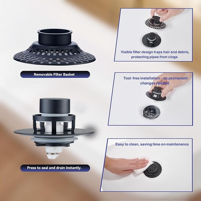 2 Pack Universal Bathtub Drain Stopper with Removable Hair Catcher, 3-in-1 Pop-up Drain Plug Fits 1.38 to 2.1 Inch Holes, Upgrade Shower Drain Cover with Stainless Steel Filter