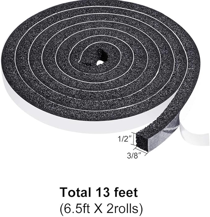 TORRAMI Open Cell Foam Weather Stripping Tape 1/2 Inch W X 3/8 Inch T, High Resilience Adhesive Seal Insulating Strip for Door and Windows Total 13 Feet (2 Rolls of 6.5 Ft Each)