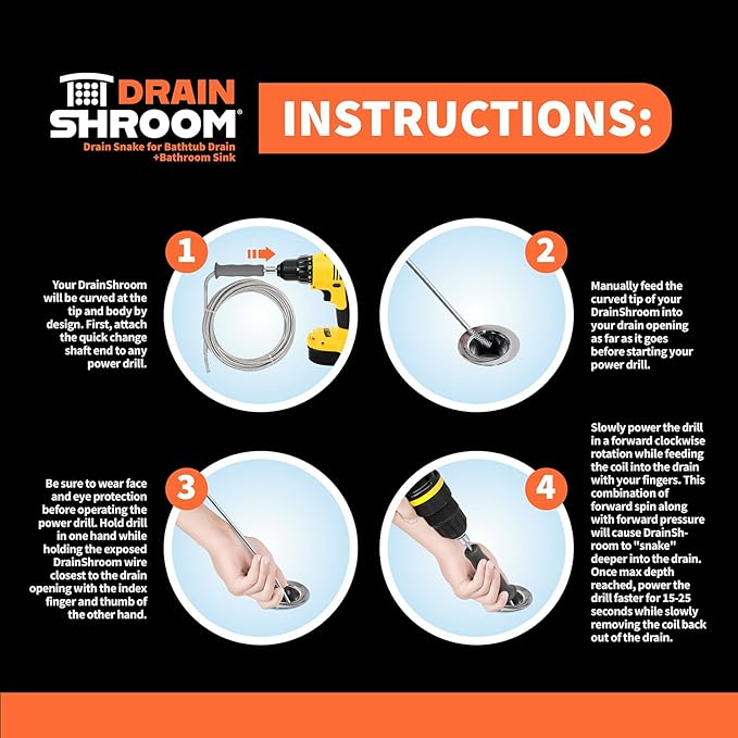 Drain Snake Auger, 36 Inch, Power Drill Attachment, Hair Clog Remover for Bathroom Sink and Bathtub, Stainless Steel, Matte Black