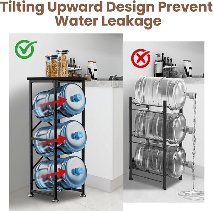 5 Gallon Water Jug Holder, 3-Tier Water Bottle Holder with Wood Top Shelf, Heavy Duty Water Cooler Jug Rack, Storage Stand for Kitchen Office and Living Room, Black