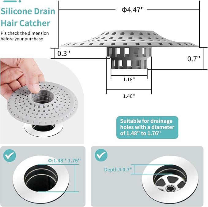 Aluvor Bathtub Drain Hair Catcher,Silicone Tub Hair Catcher Drain Protector,All-in-one Shower Hair Drain Catcher Strainer for 1.48'' to 1.76'' Regular Drains, 3PCS/Pale Grey‌