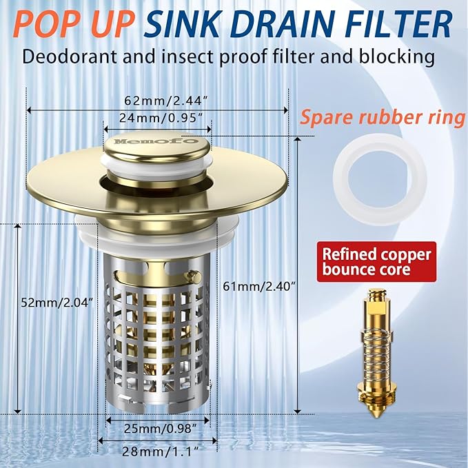 Bathroom Sink Drain Strainer, Stainless Steel Pop-up Strainer Basket Hair Catcher with Removable Basket, Brass Bullet Core, Universal Fit 1.1-2.36 Inch (Brushed Gold (2PCS))
