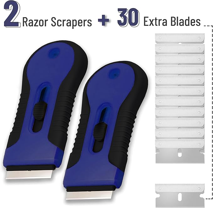 Bates- Razor Blade Scraper Tool, 2 Pack, 30 Extra Stainless Steel Blades, Anti-Slip Ergonomic Handle Design, Razor Scraper Set for Cleaning Window, Paint, Oven, Glass, Stove