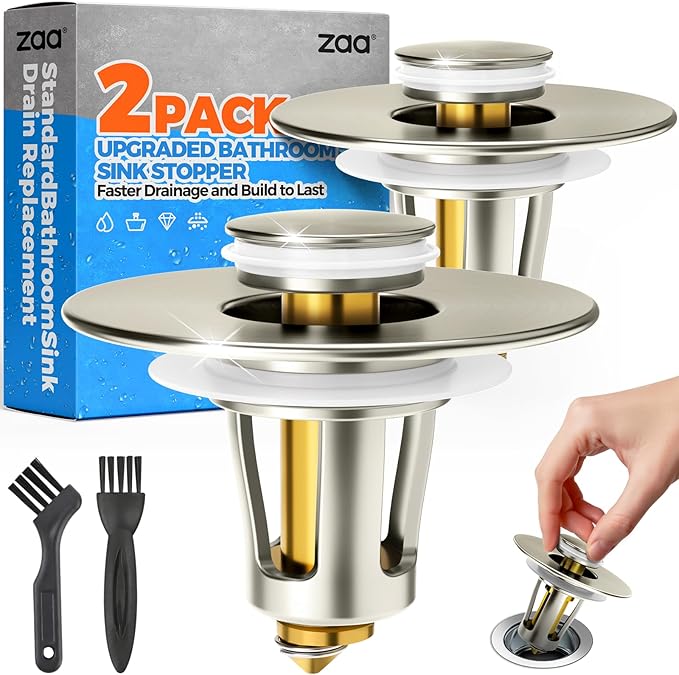 zaa Bathroom Sink Stopper - 2Pack Bathroom Sink Drain Strainer,Pop Up Bathroom Drain Stopper with Anti-Clogging Filter Basket,for 1.05~1.65 in U.S.Standard Basin Drain Holes,Brushed Nickel