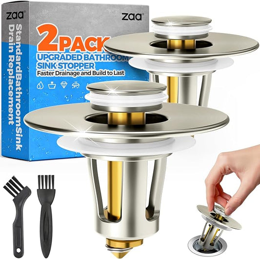 zaa Bathroom Sink Stopper - 2Pack Bathroom Sink Drain Strainer,Pop Up Bathroom Drain Stopper with Anti-Clogging Filter Basket,for 1.05~1.65 in U.S.Standard Basin Drain Holes,Brushed Nickel