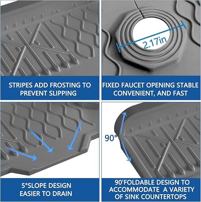 Sink Splash Guard Gen2-17" x 6'' Kitchen Sink Accessories,Silicone Sink Mat Splash Guard,fit for Countertop, Bathroom,Farmhouse,RV by EBIGIC (Grey)