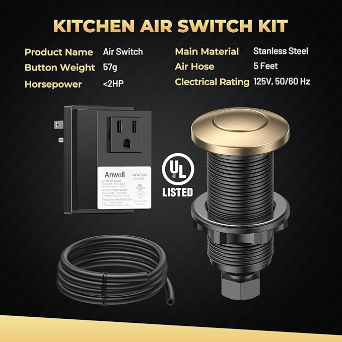 Garbage Disposal Air Switch Kit - UL Listed Wireless Sink Top Button, Champagne Bronze Finish, Compatible with Delta Faucet Champagne Bronze, Universal Design for All Garbage Disposals