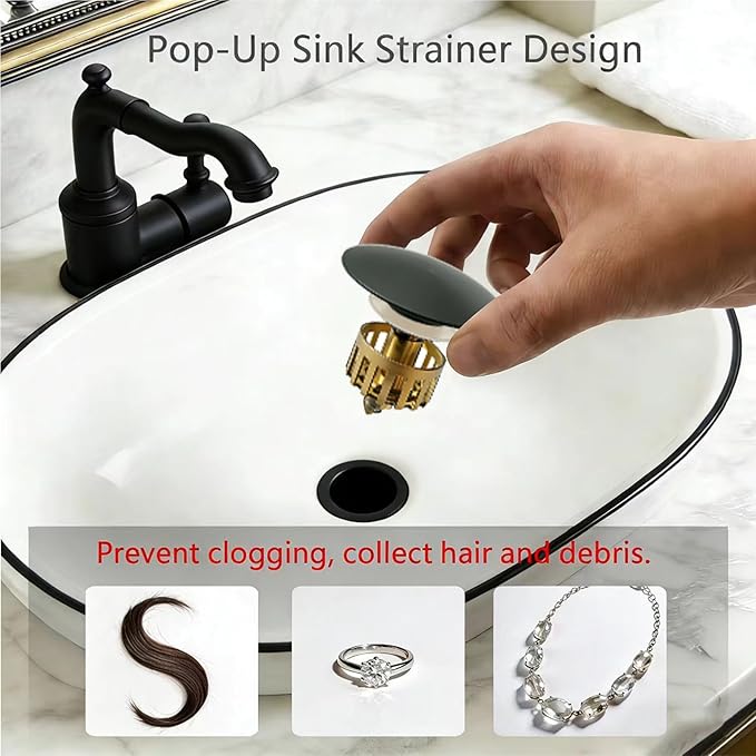 Bathroom Sink Drain, Without Overflow, Pop up Sink Drain Stopper with Strainer Plug for Vessel Sink Lavatory Vanity, SUS 304 Stainless Steel, Matte Black