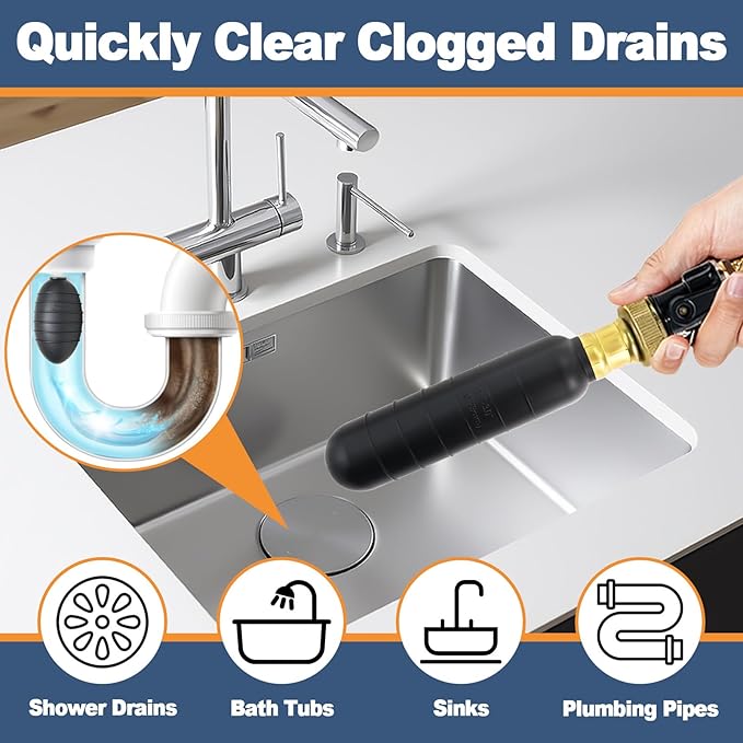 Drain Cleaning Bladder 1.5"–3", Durable Rubber Bladders Tool for Sink Shower Pipe & Sewer Unclogging