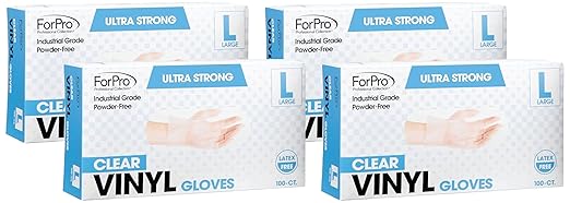 ForPro Professional Collection Disposable Vinyl Gloves, Clear, Industrial Grade, Powder-Free, Latex-Free, Non-Sterile, Food Safe, 2.75 Mil. Palm, 3.9 Mil. Fingers, Large, 100-Count (Pack of 400)