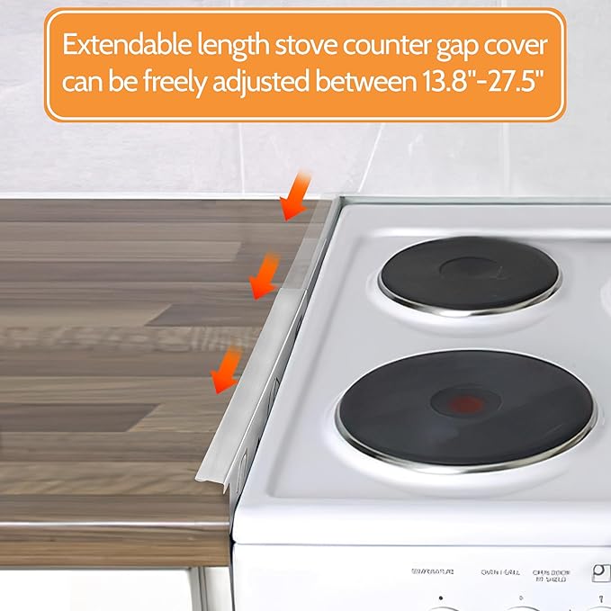 Stove Gap Covers Stainless Steel (2 Pack),Stove Gap Filler,Range Trim Kit,Oven Gap Filler,Heat Resistant and Easy Retractable Length 13.8" to 27.5",Width 0.79",Silver