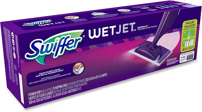 Swiffer Wet Jet Mop, Floor Cleaner for Mopping Wood, Laminate, Tile in Home, Bathroom, Kitchen, All Purpose Multi-Surface Cleaning Set includes 1 Spray Mop, 5 Pads Refill, 1 Fresh Scent Solution
