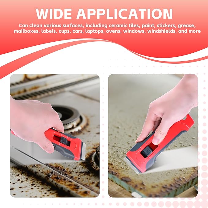 Razor Blade Scraper for Cleaning Glass Window, Cooktop, Oven, Stove, stove top,glass top stoves, Scraper with Buit-In Blade Storage, Upgraded Lock Mechanism, Razor Scraper Buit-In Blade torage, Red