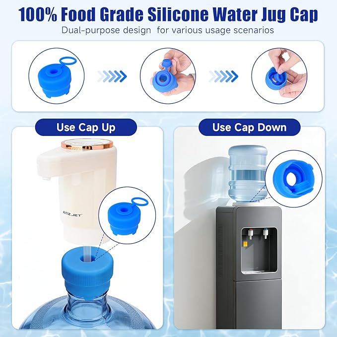 Dual Pump Water Dispenser for 5 Gallon Bottle, Electric Water Bottle Pump with Water Jug Cap, Powerful Flow, USB Rechargeable Automatic for Home, Office, Camping-Beige