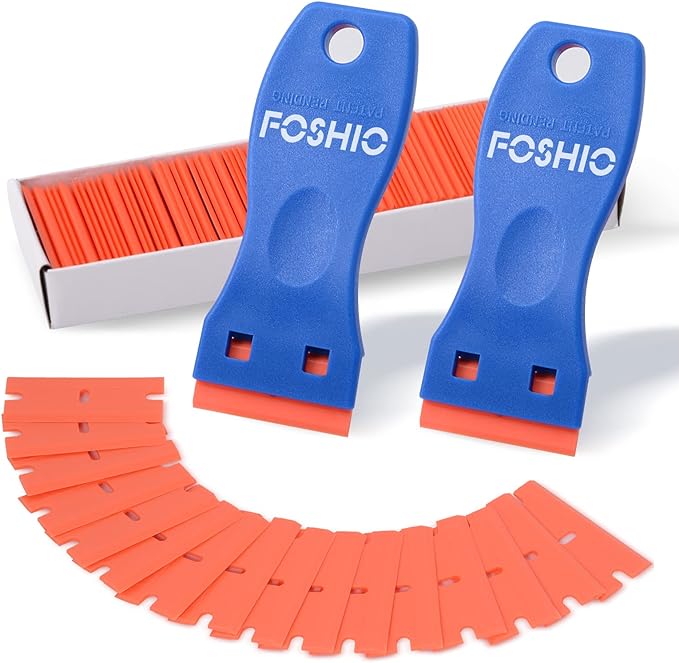 FOSHIO Plastic Razor Blade Scraper Include 2PCS Scraper Tool and 100PCS Blades for Gasket Remover, Labels Decal and Adhesive Remover for Windows and Glass