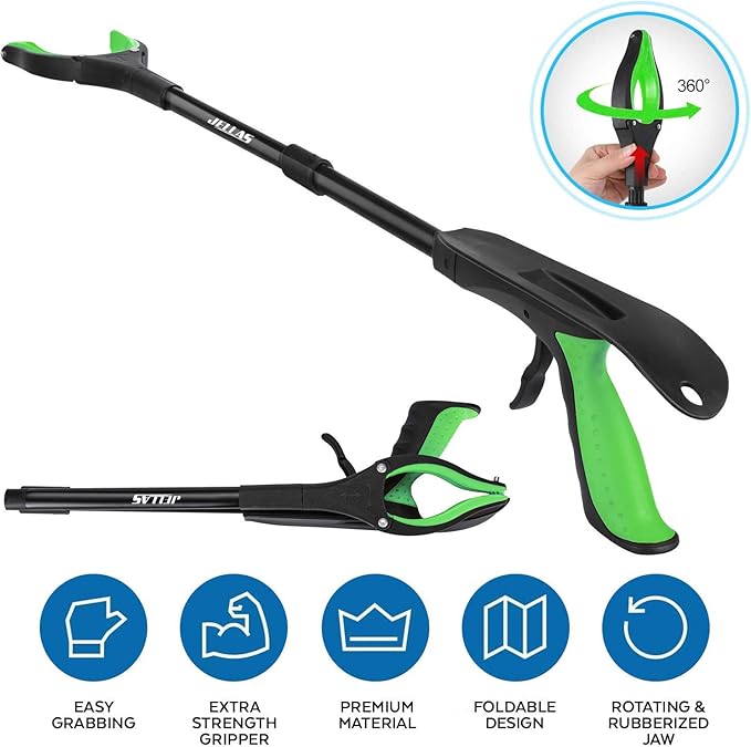 Jellas 2-Pack 32 Inch Grabber Reacher Tool with Magnetic Tip, Reacher Grabber with 360 Degrees Rotating Jaw, Grabber with Shoehorn for Elderly, Trash Picker Tool for Outdoor & Indoor (Green)