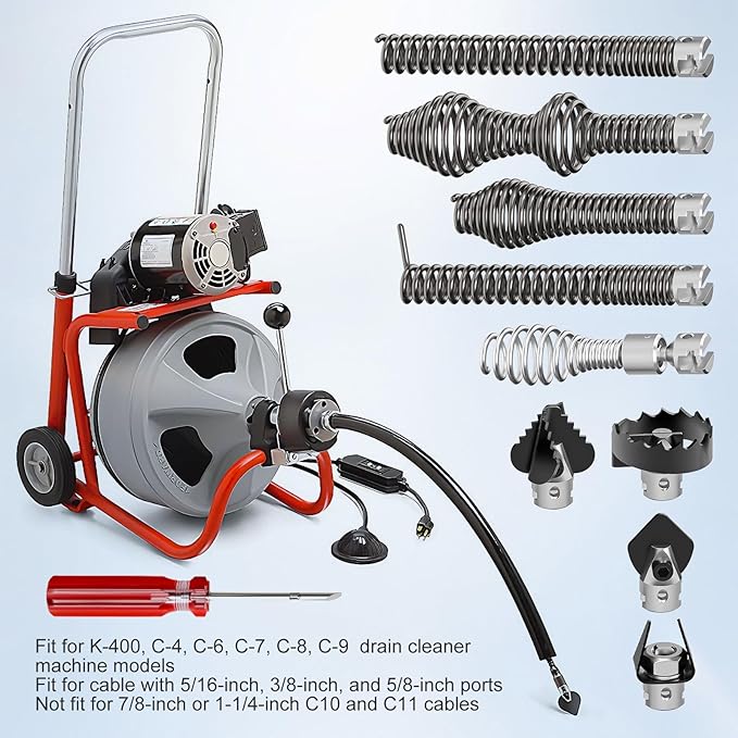 10Pcs Drain Snake Drill Attachment, Includes 4 Cutters and 5 Spirals, Drain Auger Cutter Kit, Compatible with K-400,C-4,C-6,C-7,C-8,and C-9 Models