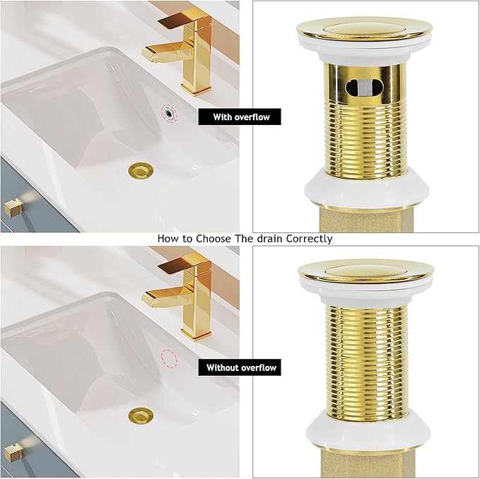 Bathroom Sink Drain,Drain Stopper Gold Stainless Steel Bathroom Sink with Overflow,Small Cap Pop Up Drain Assembly with Detachable Strainer Basket,Built-in Anti-Clogging