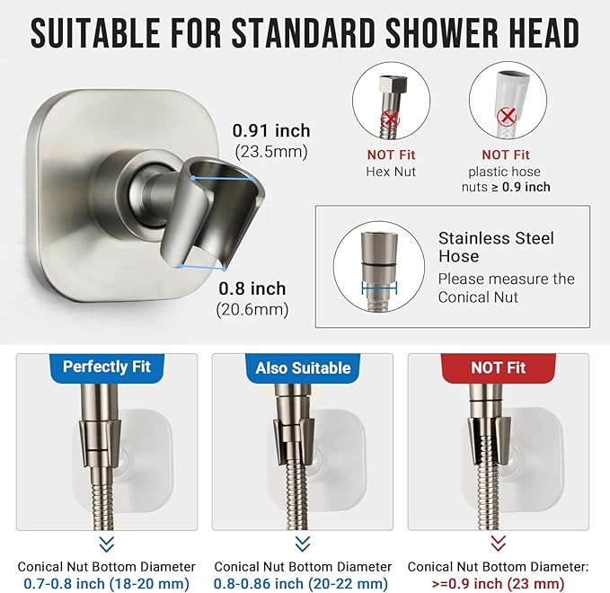 G-Promise Metal Handheld Shower Head Holder, Adjustable Wall Mount Shower Wand Bracket, Strong Adhesive Disc Mount or Drill Installation (Square, Brushed Nickel)