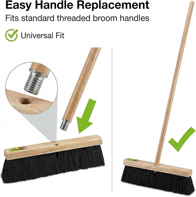 Black Indoor Push Broom Head – Heavy Duty Hardwood Block – Polypropylene Bristles – Deck Scrub Brush – Two Threaded Handle Holes for Better Assist (12")