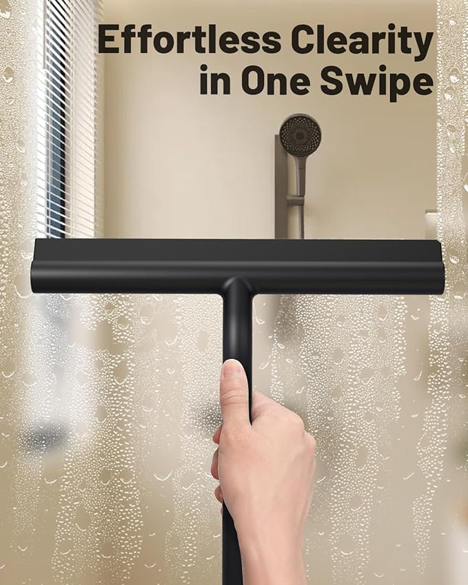 Silicone Shower Squeegee with Hook,Dual-Sided Design with Scraper & Scrub Surface, Shower Squeegee for Glass Doors (Classic Black)