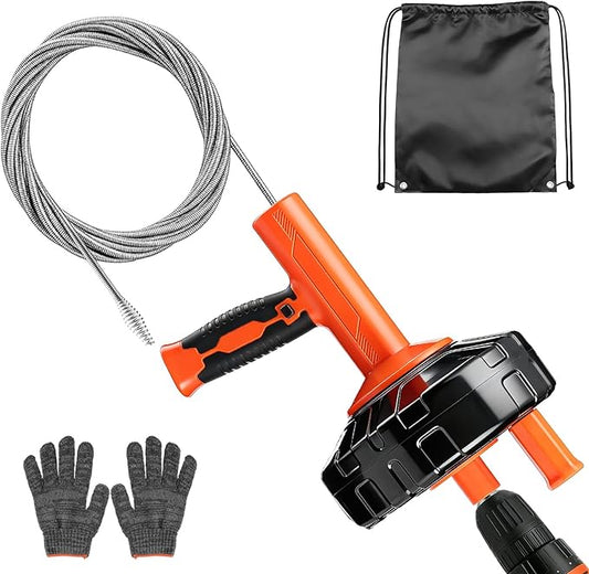 Auto-Feed Drain Snake Auger 25 ft with Drill Adapter, Plumbing Snake Drain Hair Removal Tool, Drain Auger Snake Hair Drain Clog Remover for Shower Kitchen Bathroom Sink, Come with Gloves