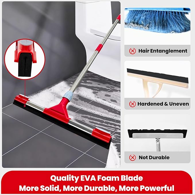 Heavy Duty Floor Squeegee for Concrete Floor – 17.3” EVA Foam Blade with Cloth Clip Design, 62” Extendable Handle, Multi-Surface Floor Squeegee Broom for Windows, Bathroom, Garage, Tile, Patio &Shower
