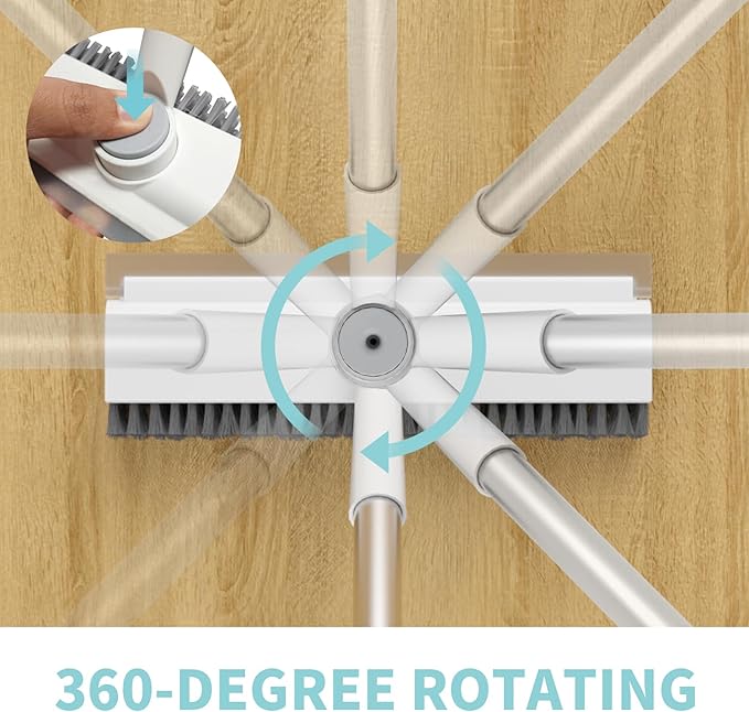 Floor Scrub Brush with Long Handle, 3 in 1 Scrape and Heavy-Duty Stiff Bristle Scrubber Brush for Cleaning Shower Bathroom, Patio, Pool, Garage, Kitchen, Wall and Deck (White, 1 Pack)