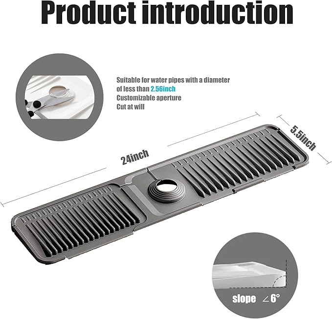 STARGAZ Silicone Faucet Mat for Kitchen Sink,Faucet Draining Mat,Sink Back Splash Guard,Kitchen Rubber Mat,Bathroom Sink Faucet Mat,Soap Dish,Silicone Sink Protector(Grey, 24”×5.5”)