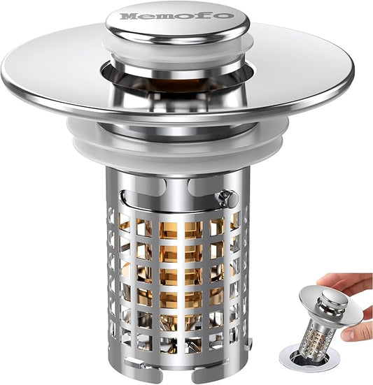 3-in-1 Bathroom Sink Drain Strainer, Stainless Steel Pop-up Strainer Basket Hair Catcher with Removable Basket, Brass Bullet Core, Universal Fit 1.1-2.36 Inch (Silver(New 1pcs))